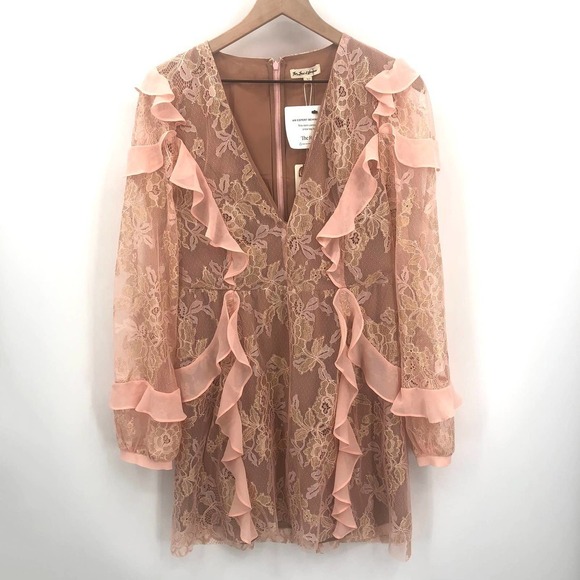 FOR LOVE & LEMONS Dress Bumble Pink Nude Ruffle Lace Mini Dress Size Large NEW - Picture 2 of 13